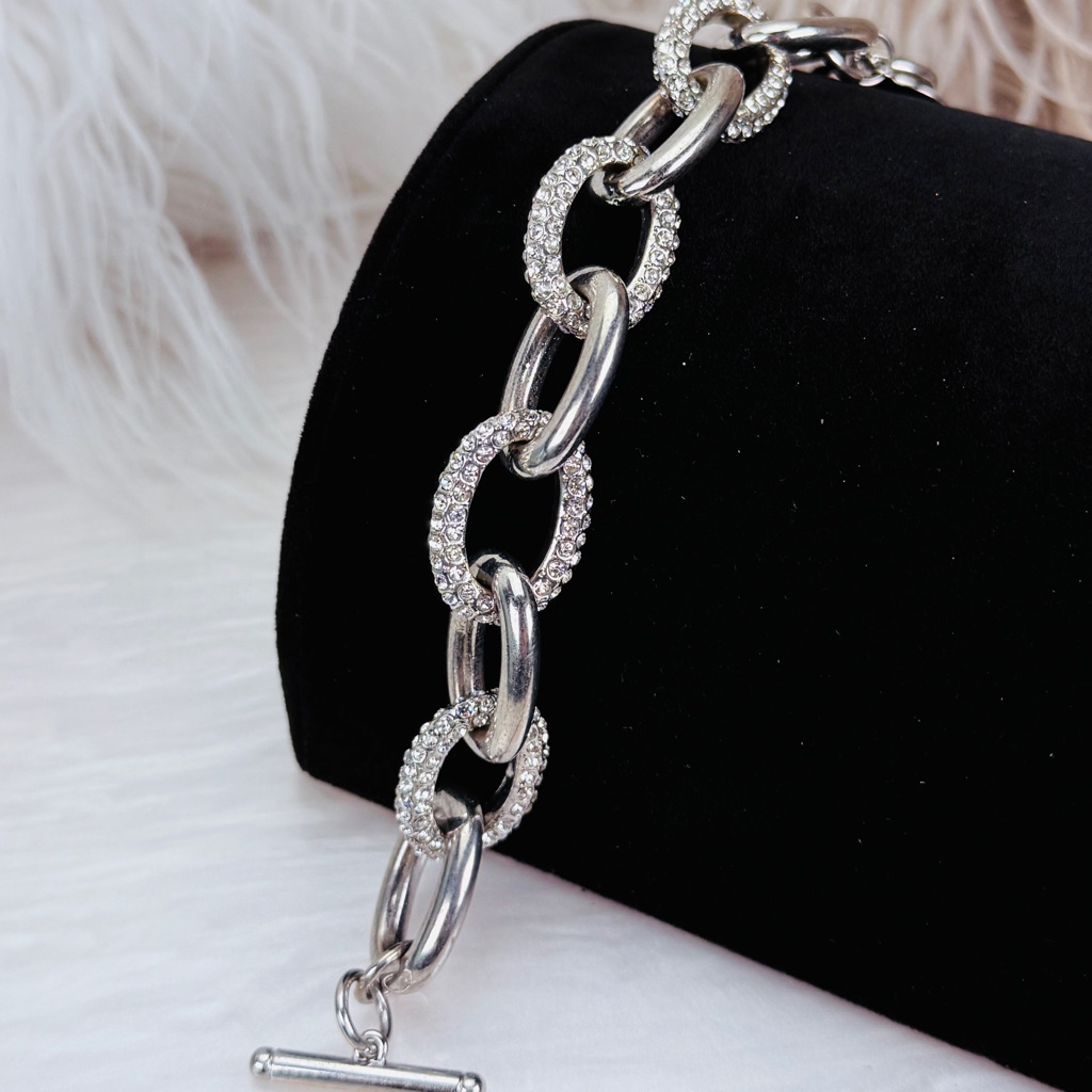 Vintage Aged Silvertone Bling Chunky Chain Toggle Closure Bracelet 48$